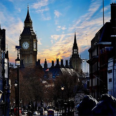 Big Ben clock tower and Westminster at sunset, London