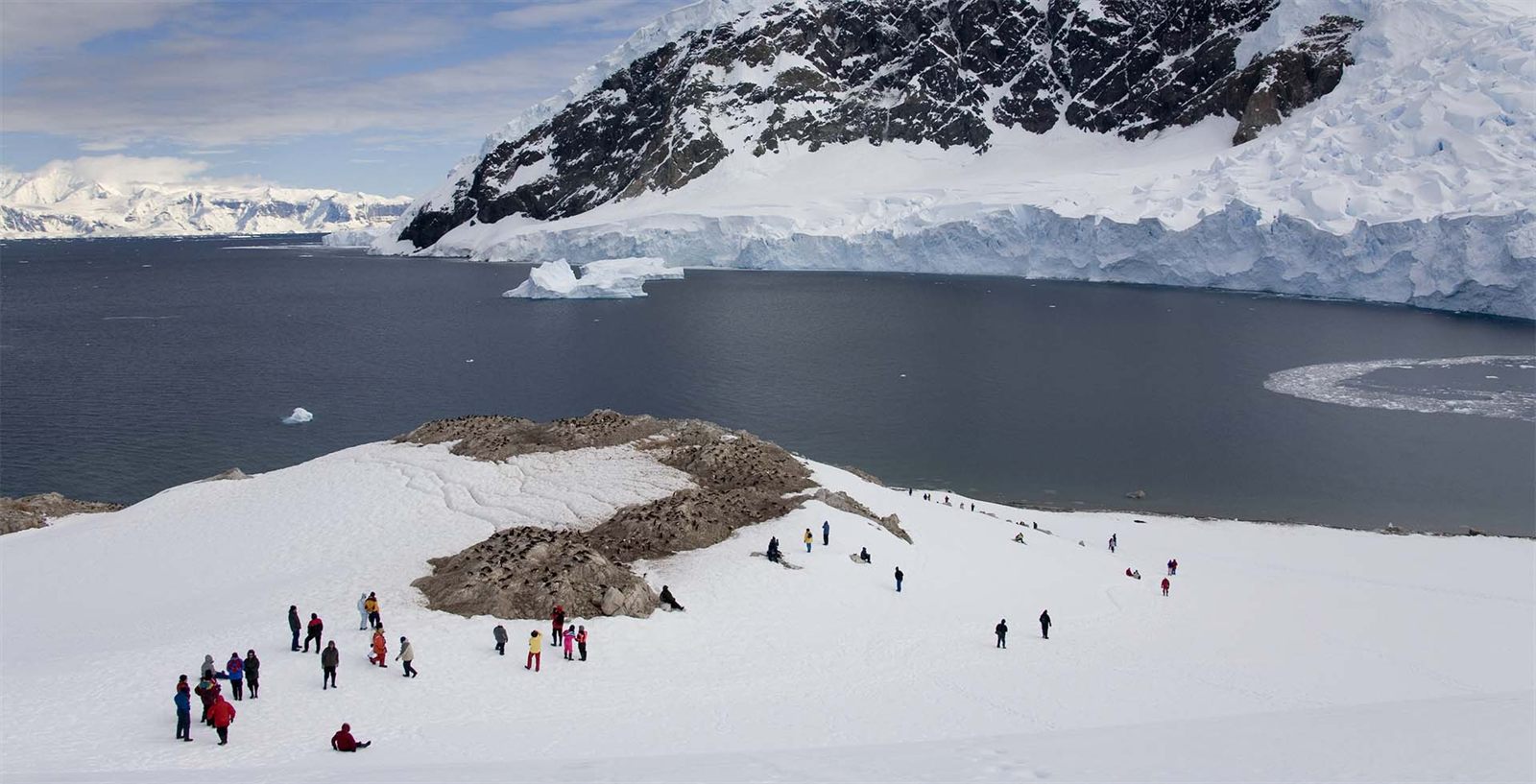 Expedition guests walking a snowy shore landing in Antarctica